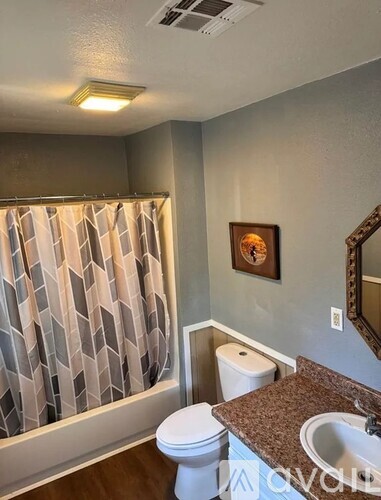 A bathroom with a toilet, sink, and a shower curtain.