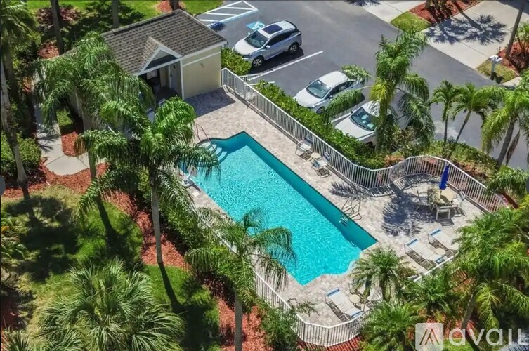 A pool surrounded by palm trees and a fence.
