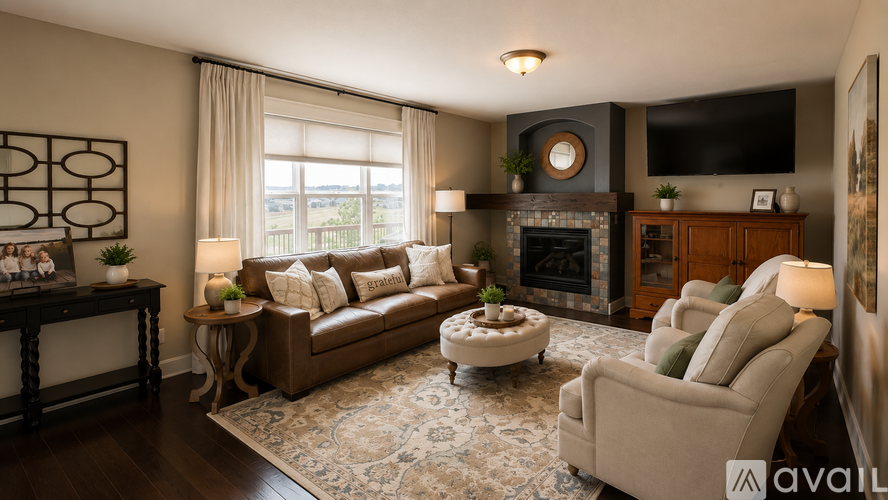 A living room with a fireplace and a couch.