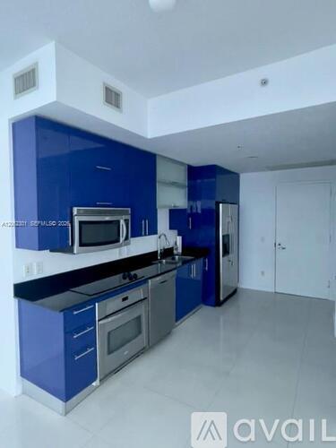 A kitchen with blue cabinets and appliances.