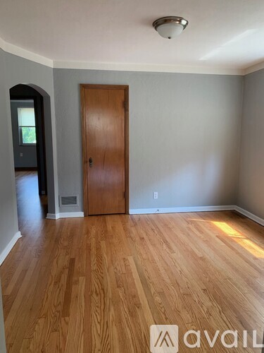 A room with a wooden floor and a brown door.