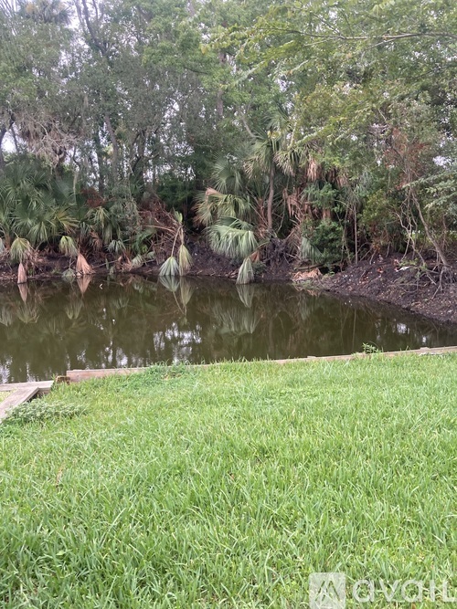 A body of water surrounded by greenery and trees.