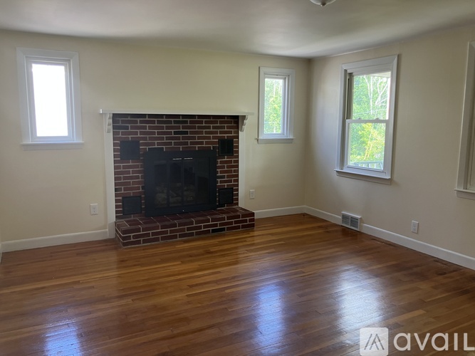 A living room with a fireplace and two windows.