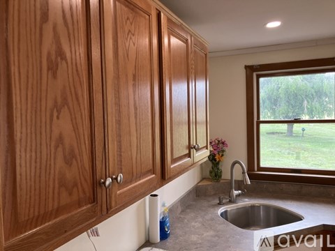 A kitchen with wooden cabinets and a window overlooking a green lawn.