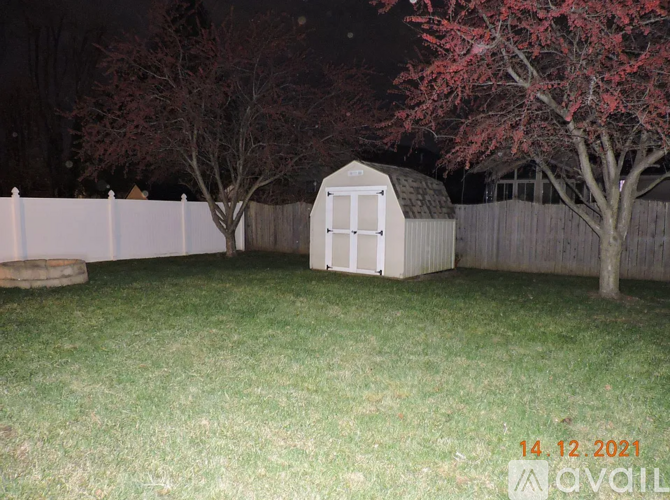 A shed sits in a grassy backyard at night.