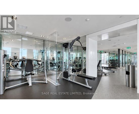 A gym with a variety of equipment including a treadmill, a stationary bike, and a weight bench.
