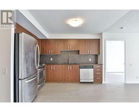 A kitchen with a refrigerator, oven, and cabinets.