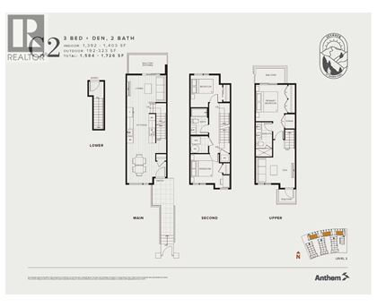 A floor plan for a 3 bedroom, 2 bathroom apartment with a total area of 1,584 to 1,726 square feet.