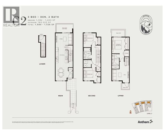 A floor plan for a 3 bedroom, 2 bathroom apartment with a total area of 1,584 to 1,726 square feet.