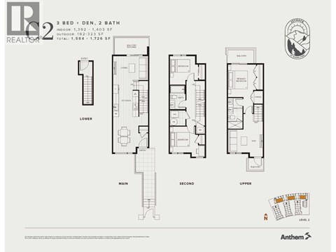 A floor plan for a 3 bedroom, 2 bathroom apartment with a total area of 1,584 to 1,726 square feet.