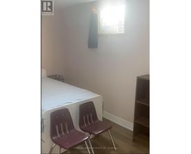 A room with a bed, two chairs and a shelf.