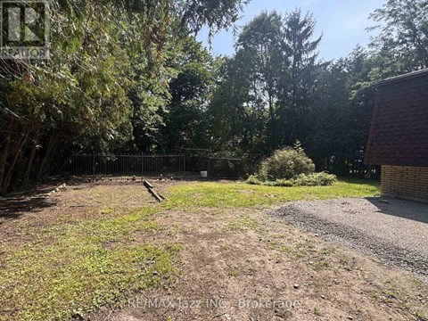 A backyard with a dirt area, a fence, and trees.
