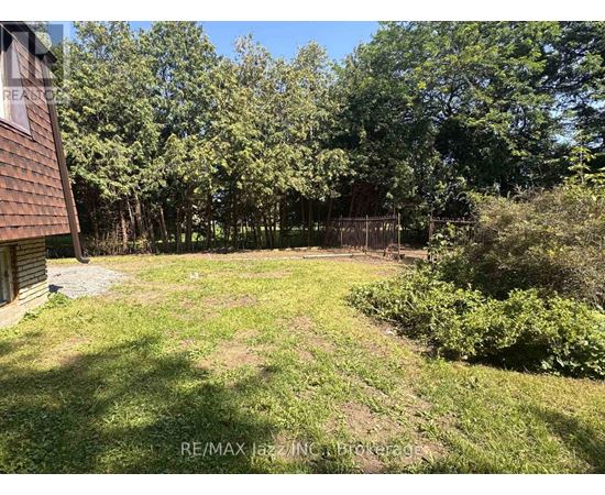 A backyard with a grassy area and trees.