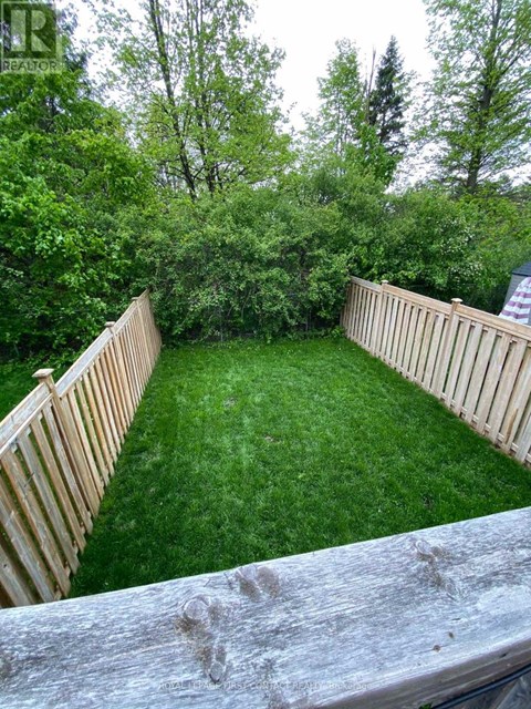 A backyard with a wooden fence and a green lawn.