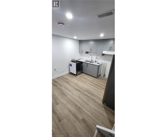 A kitchen with a refrigerator, sink, and cabinets.