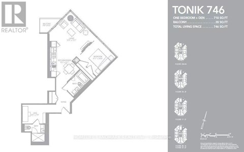A floor plan for a one bedroom apartment with a balcony is shown.