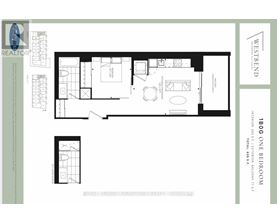 A floor plan of a one bedroom apartment with a Westend logo.