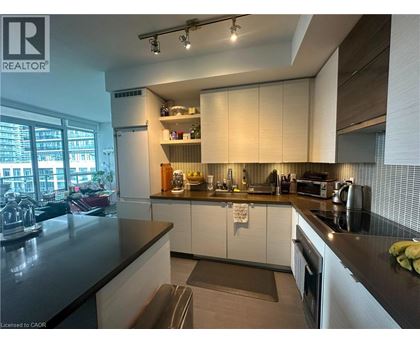A modern kitchen with white cabinets and black countertops.