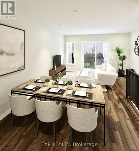 A modern dining room with a wooden table and chairs.