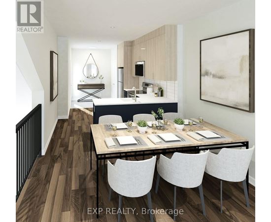 A dining room with a table set for four.