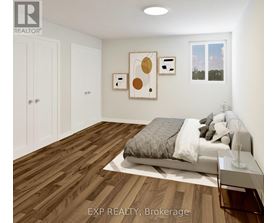 A bedroom with a bed, nightstand, and two pictures on the wall.