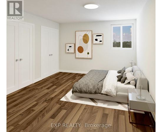 A bedroom with a bed, nightstand, and two pictures on the wall.