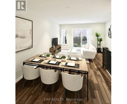 A modern dining room with a wooden table and chairs.
