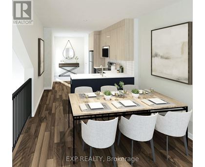 A dining room with a table set for four.