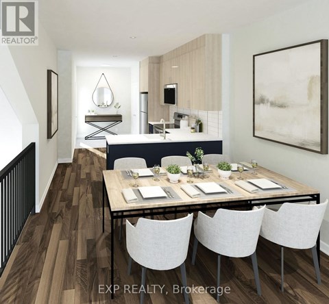 A dining room with a table set for four.