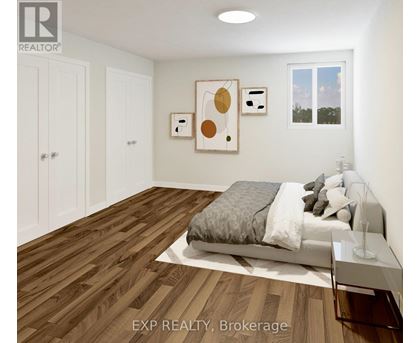 A bedroom with a bed, nightstand, and two pictures on the wall.
