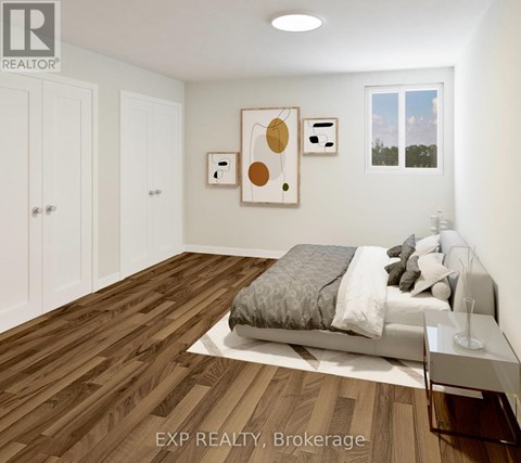 A bedroom with a bed, nightstand, and two pictures on the wall.