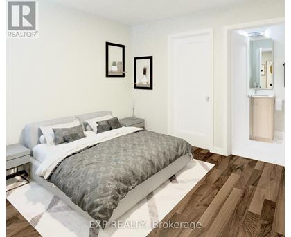 A bedroom with a bed, nightstand, and mirror.