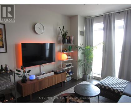 A living room with a flat screen TV, a coffee table, and a potted plant.