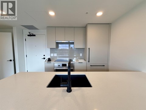 A modern kitchen with a sink and cabinets.