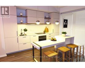 A modern kitchen with a white countertop and wooden stools.