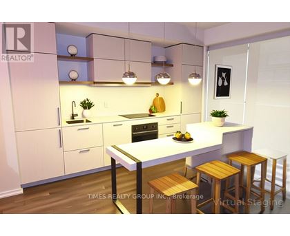 A modern kitchen with a white countertop and wooden stools.