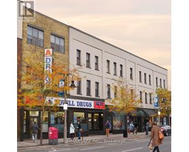 A street view of a city with a white building and a red and white sign that says "Dowell Drugs".
