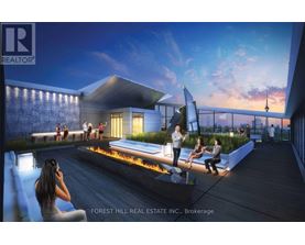 A rendering of a modern building with people sitting and standing on the outdoor deck.