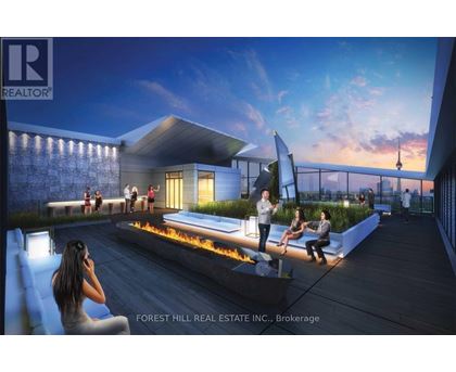 A rendering of a modern building with people sitting and standing on the outdoor deck.
