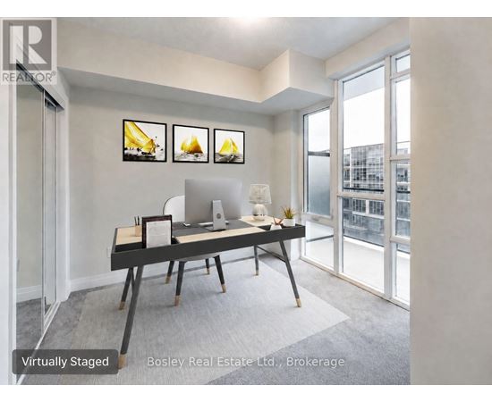 A virtually staged living room with a table and chairs.