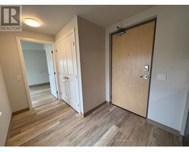 A hallway with a white door and a brown door.