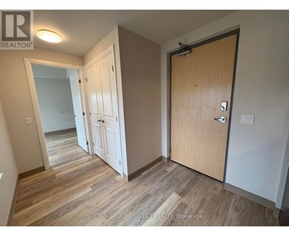 A hallway with a white door and a brown door.