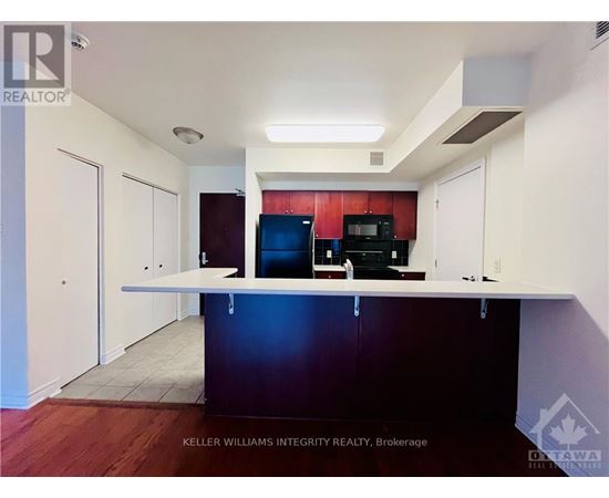 A kitchen with a counter and cabinets.