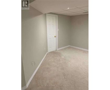 A room with a white door and carpeted floor.
