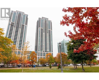 Two tall buildings are seen in the background with autumn trees in the foreground.