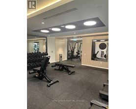 A gym with a variety of equipment including weights and a bench.