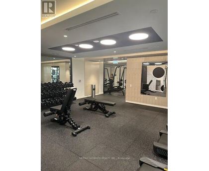 A gym with a variety of equipment including weights and a bench.
