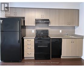 A kitchen with a black fridge, black oven and black dishwasher.