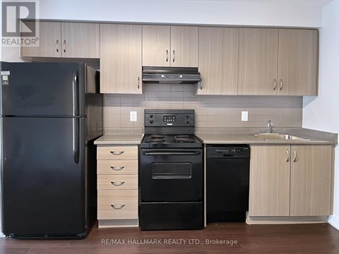 A kitchen with a black fridge, black oven and black dishwasher.