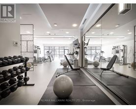 A gym with a variety of equipment including dumbbells, weights, and exercise balls.